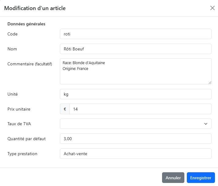 Fenêtre de création d'un article dans EasyME — champs code, nom, commentaire, unité, prix unitaire, taux de TVA, quantité par défaut et type de prestation