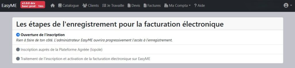 Écran EasyME indiquant que l'inscription à la facturation électronique n'est pas encore disponible