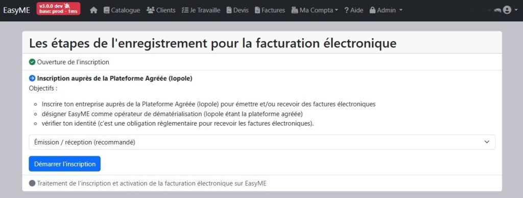Écran EasyME avec le bouton Démarrer l'inscription à la facturation électronique
