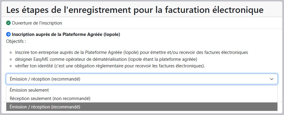 Menu déroulant EasyME pour choisir entre émission, réception ou les deux