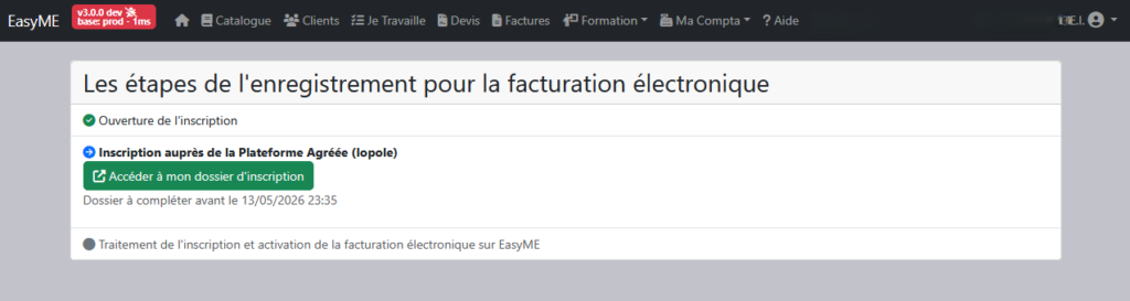 Écran EasyME avec le bouton Accéder à mon dossier d'inscription Iopole