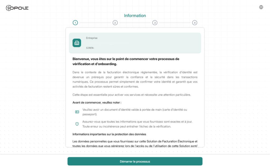 Page d'accueil du processus de vérification Iopole avec le bouton Démarrer le processus