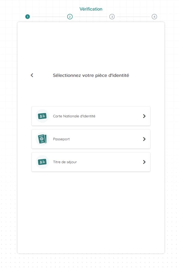 Écran Iopole de sélection du document d'identité : carte nationale, passeport ou titre de séjour