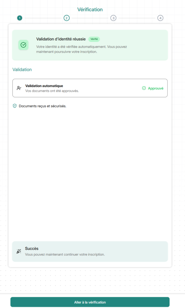 Écran Iopole confirmant que la validation d'identité est réussie et les documents approuvés