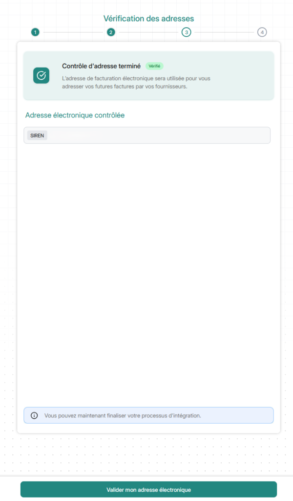 Écran Iopole de vérification de l'adresse de facturation électronique, statut Vérifié
