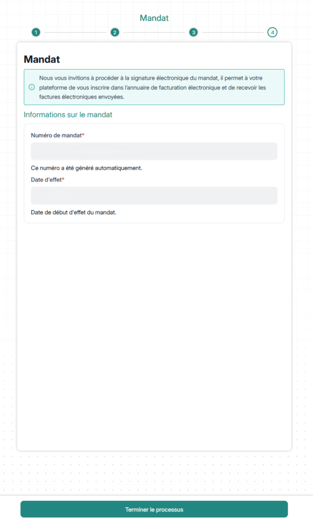 Écran Iopole présentant les informations du mandat à signer avec le numéro et la date d'effet