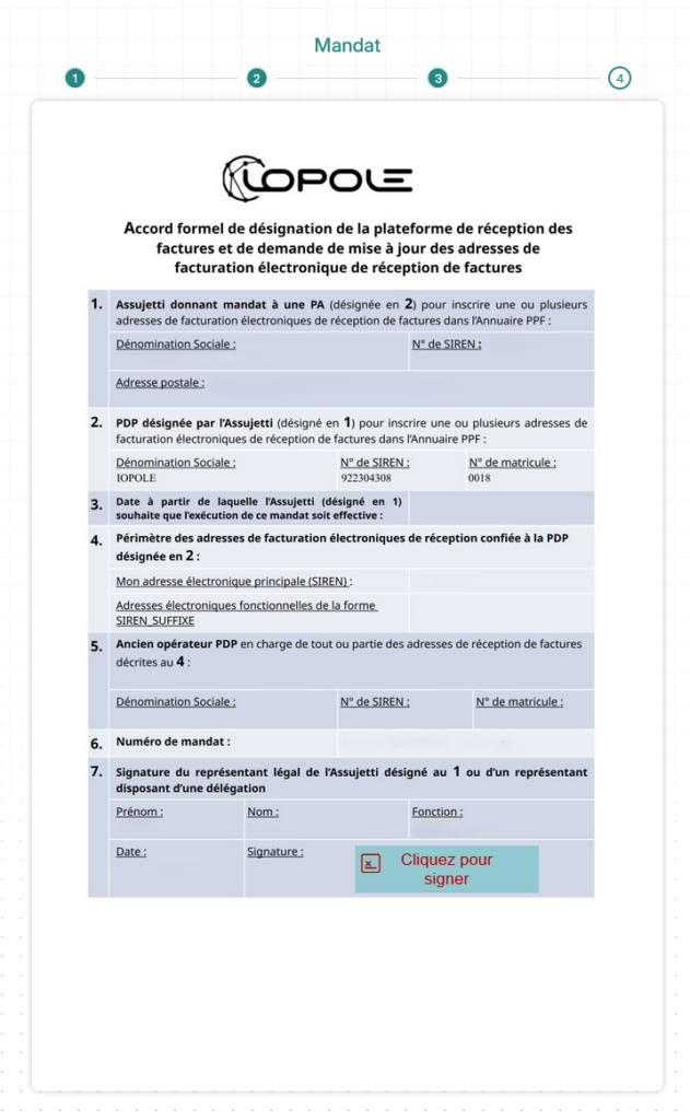 Document de mandat Iopole à signer électroniquement pour désigner EasyME comme opérateur de dématérialisation