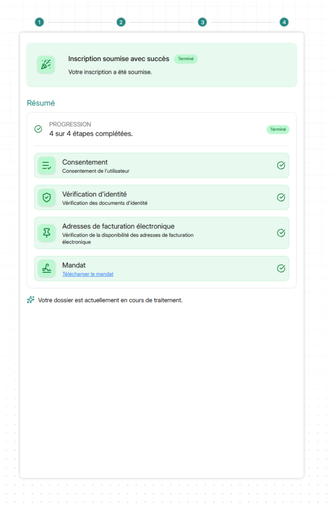 Écran Iopole récapitulant les 4 étapes complétées avec le statut Terminé