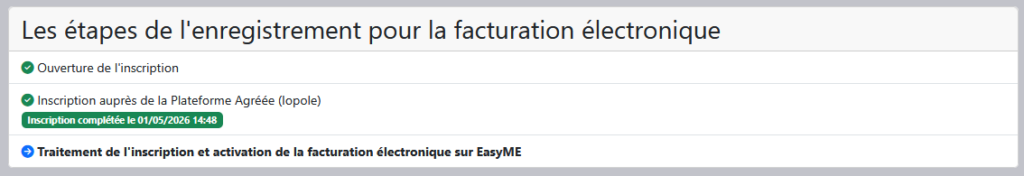 Écran EasyME indiquant que l'inscription auprès de la Plateforme Agréée Iopole est complétée, en attente de traitement par l'équipe EasyME