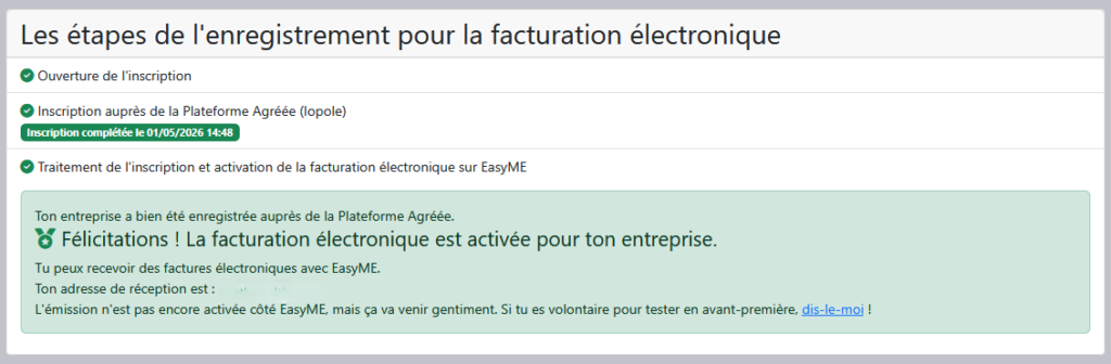Écran EasyME confirmant que la facturation électronique est activée pour l'entreprise