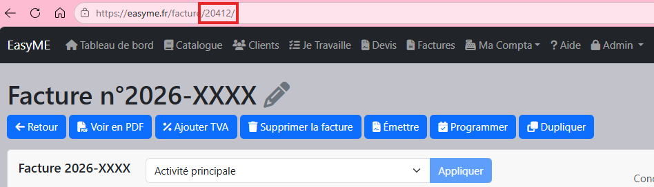 Capture d'écran montrant l'identifiant d'une facture dans la barre d'adresse EasyME